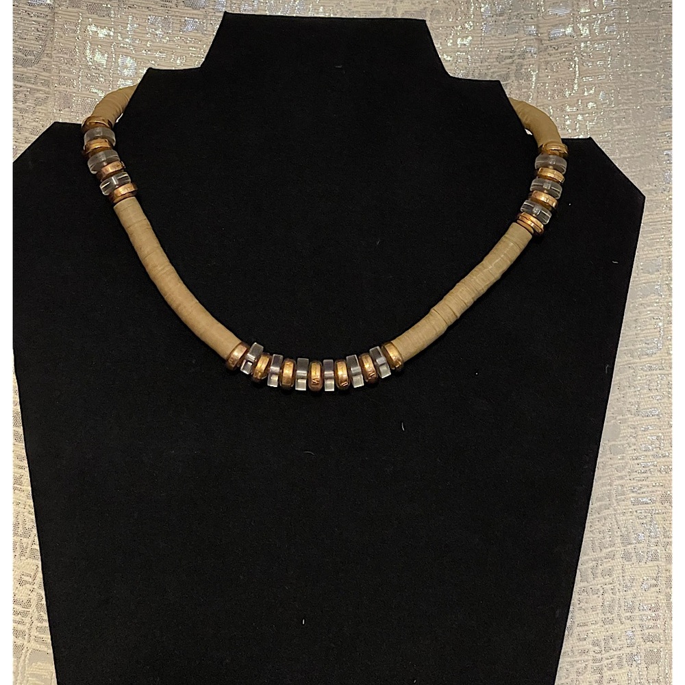 BOHO DISC NECKLACE Delicate thin tan discs with gold & clear beads. 16”